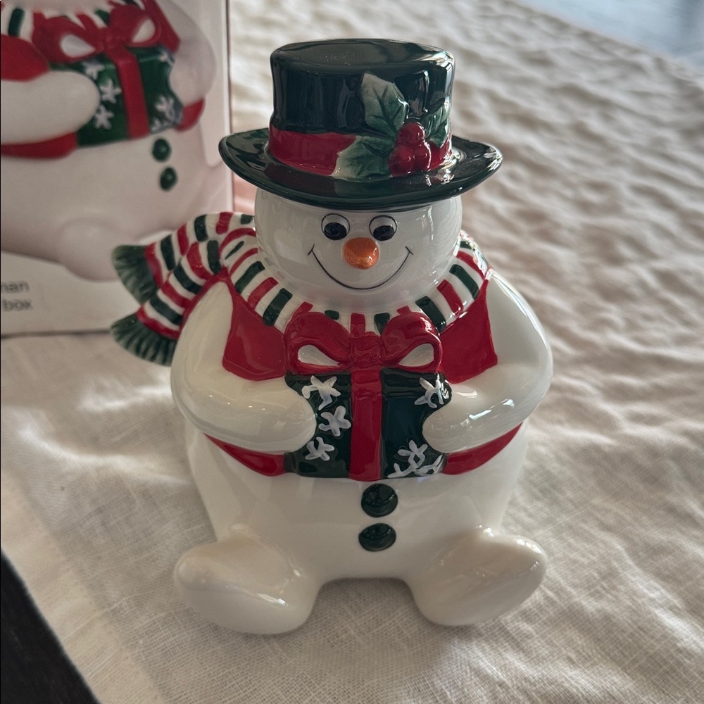 Fitz and Floyd Holiday Snowman Lidded Box - Green and Red